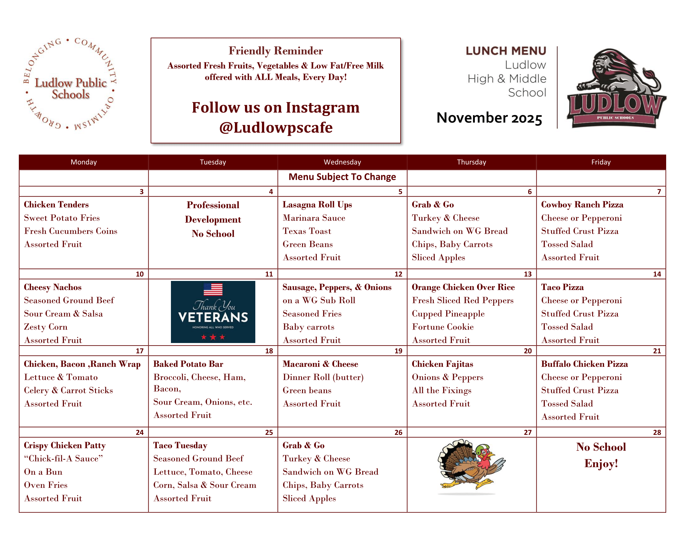 NOVEMBER LUDLOW LHS AND BMS LIONS LUNCH MENU